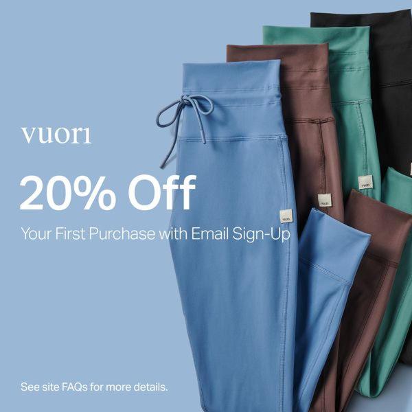 A clean, minimalist 1:1 image featuring a stack of yoga leggings in various colors with a clear discount overlay for email sign-ups.